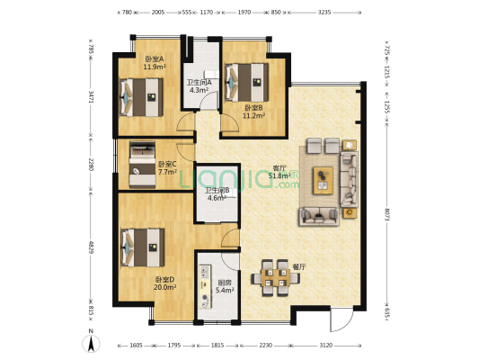 澜沧江花园 4室1厅2卫 149平方