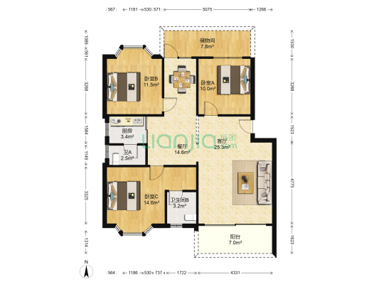 骏业大厦 3室2厅2卫 117平方