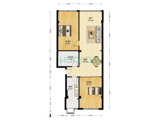 台北三村78到85号 2室2厅1卫 97平方