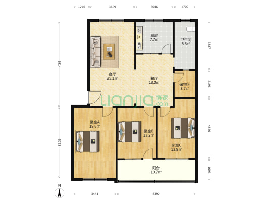 沁园小区 3室2厅1卫 128平方