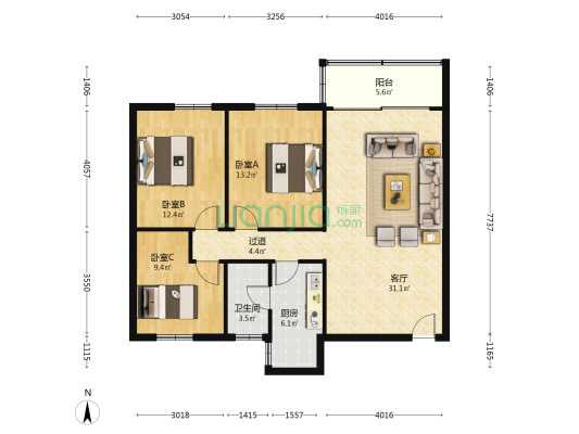 广东省新闻出版技师学院宿舍 3室1厅1卫 105平方