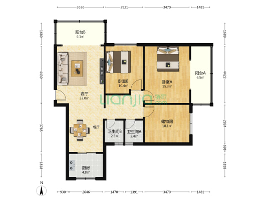建行小区 2室1厅2卫 95平方