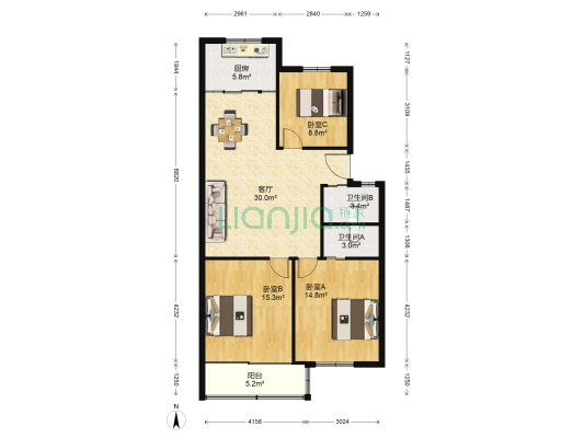 凤鸣山庄 3室1厅2卫 107平方