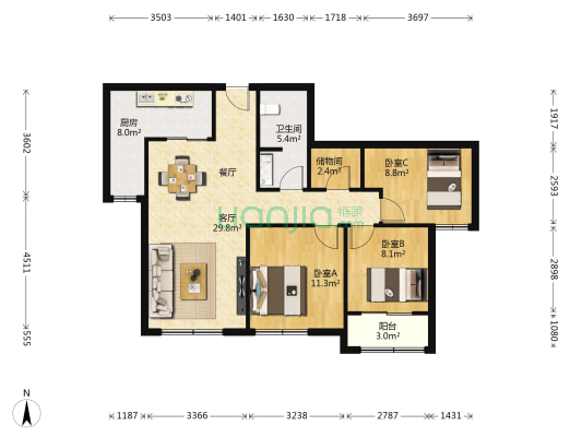 兴源佳苑 3室1厅1卫 108平方