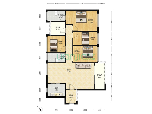 越秀星耀TOD 4室1厅2卫 125平方