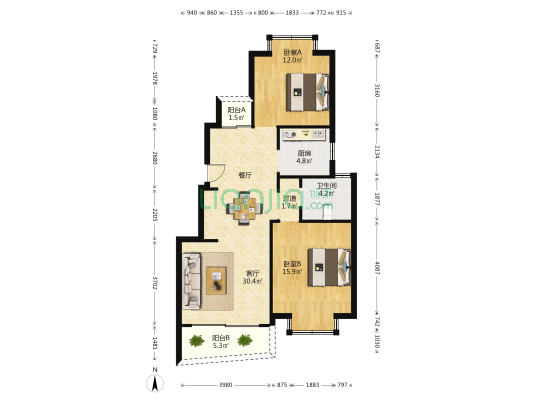 龙栖湾国际花园 2室1厅1卫 91平方