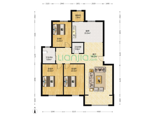 红旗嘉园 3室1厅2卫 141平方