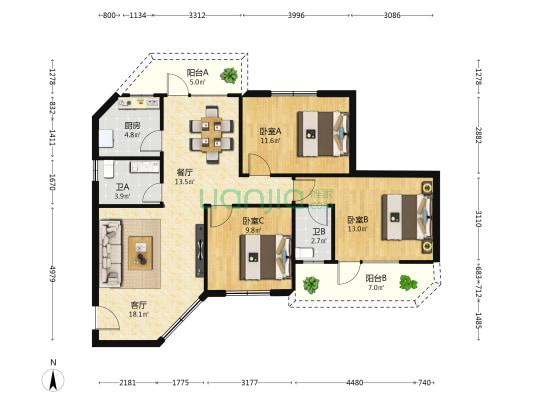 富达花园 3室2厅2卫 100平方