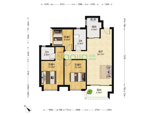 保利紫山国际花苑三期 3室1厅2卫 89平方