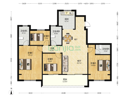 中海时代都会 4室1厅3卫 142平方