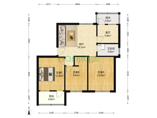钼铁矿宿舍 3室2厅1卫 82平方