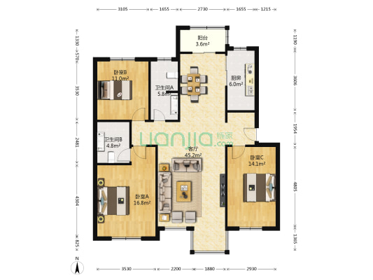 茶榆云顶小区 3室1厅2卫 129平方