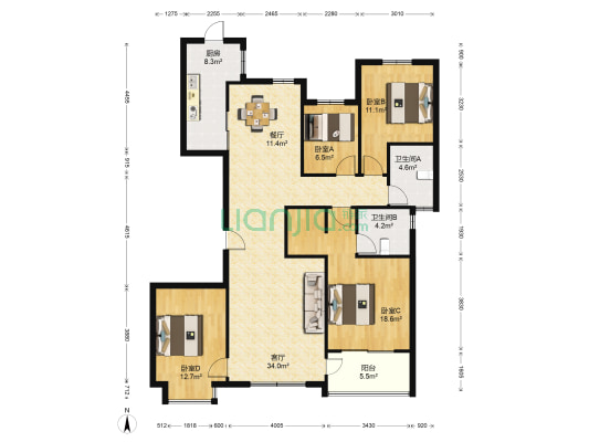 恒大名都 4室2厅2卫 168平方