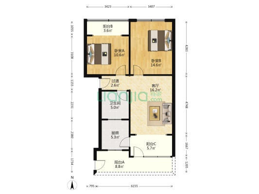 鱼凫路212号院 2室1厅1卫 79平方
