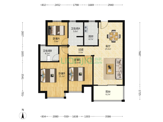 新力钰珑湾 3室1厅2卫 107平方