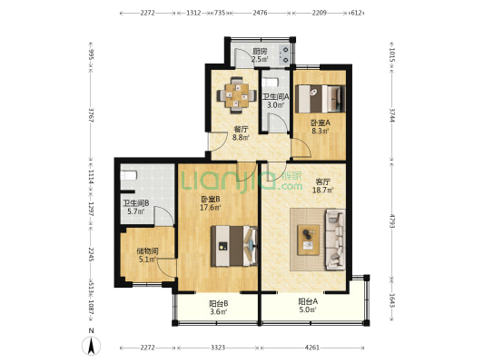 航空工业局住宅 2室2厅2卫 90平方