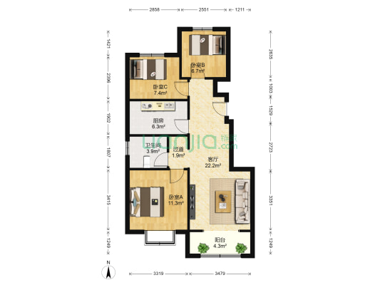 鑫江桂花园2期 3室1厅1卫 91平方