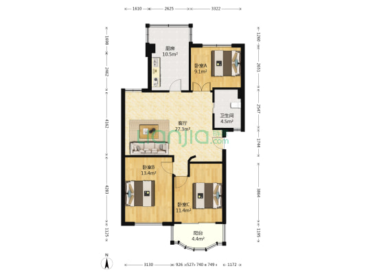 海华六和嘉园 3室1厅1卫 99平方