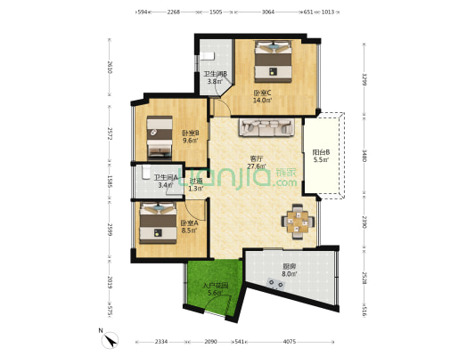 盛和雅居 3室1厅2卫 97平方