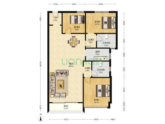 广电家园 3室1厅2卫 150平方