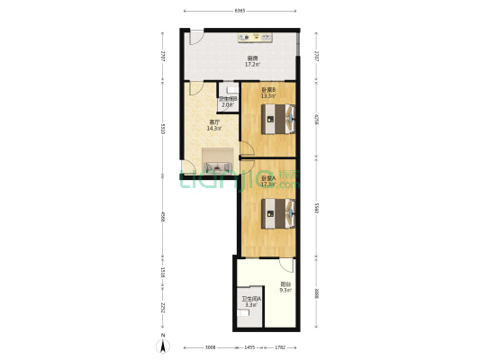 育红胡同1号 2室1厅2卫 62平方