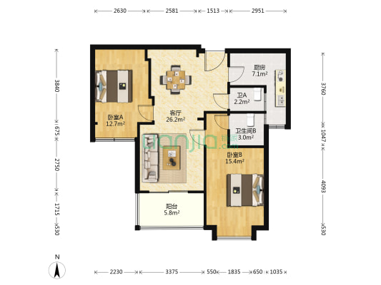 瑞仕花园东区 2室1厅2卫 88平方