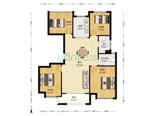 红星天铂 4室1厅2卫 109平方