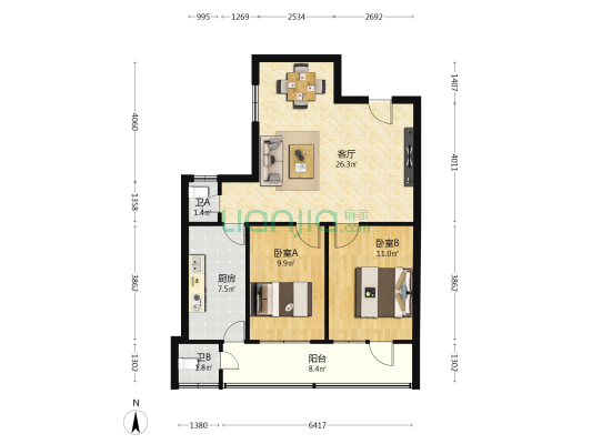 橡胶三厂宿舍 2室1厅2卫 69平方