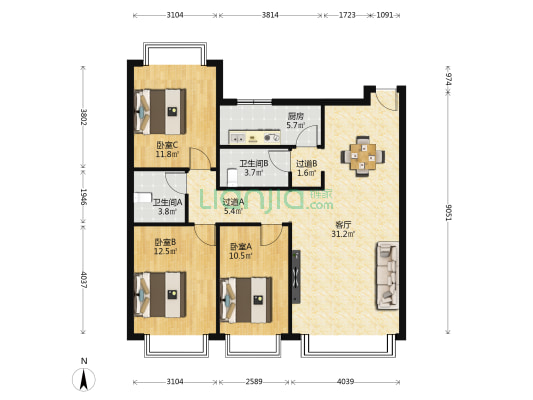 花溪大厦 3室1厅2卫 115平方