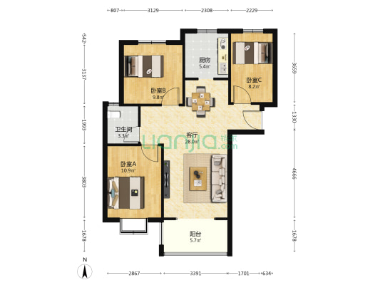 龙溪东苑 3室1厅1卫 102平方