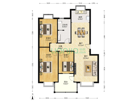 汇景家园 3室2厅1卫 129平方