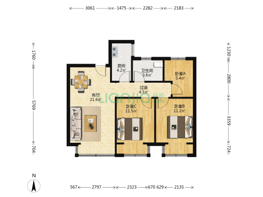 绿城梦想小镇 3室1厅1卫 90平方