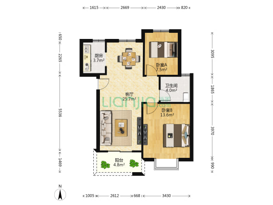 阳光家园B区 2室1厅1卫 74平方
