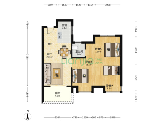 中庚香悦府 3室1厅1卫 86平方