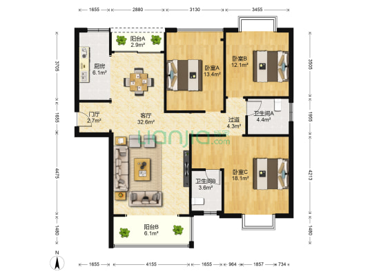 文博府B区 3室1厅2卫 128平方