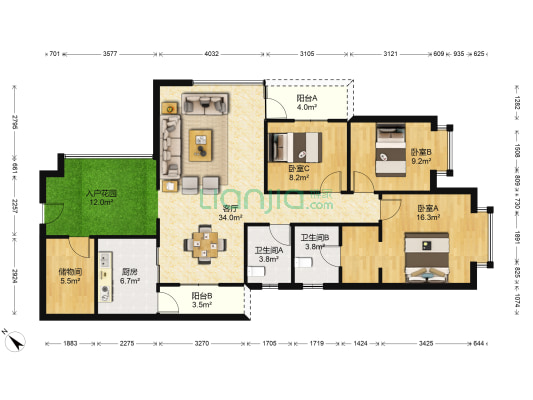 御景华城二期 3室1厅2卫 125平方
