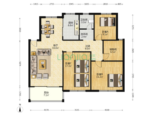 大自然新天地 3室1厅2卫 132平方