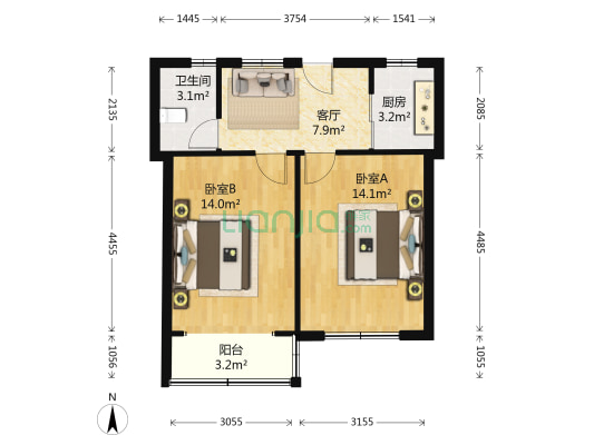 莱阳北小区 2室1厅1卫 58平方
