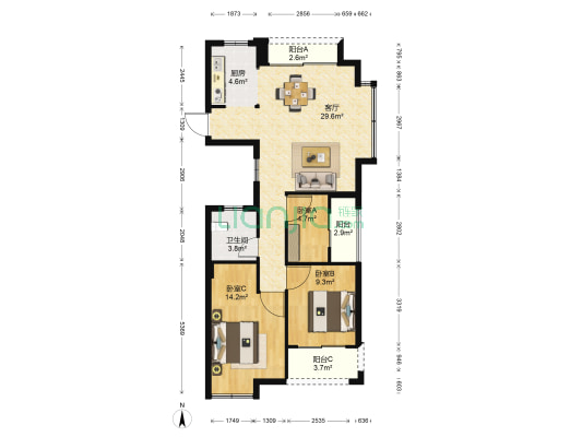 九洲华府 3室1厅1卫 95平方