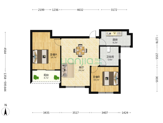 竹林苑 2室1厅1卫 90平方