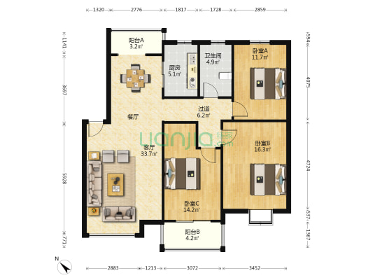 都市晴园祥云郡 3室1厅1卫 119平方
