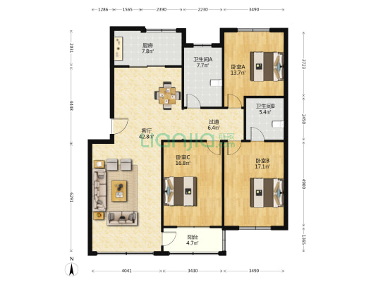 锦绣花苑西区 3室1厅2卫 146平方