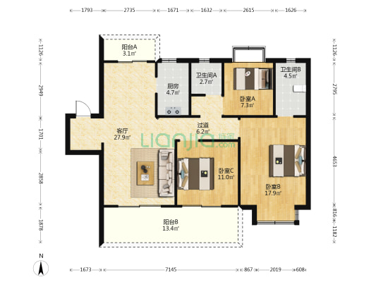 昆明公园壹号 3室1厅2卫 120平方