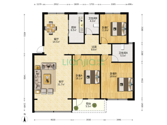 建银花园一区 3室2厅2卫 140平方