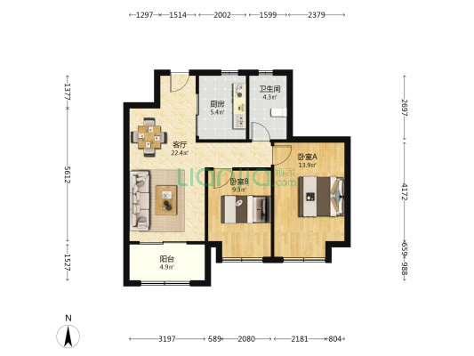 横沔玖境 2室1厅1卫 86平方
