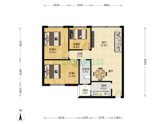 梅花新村 3室1厅1卫 82平方