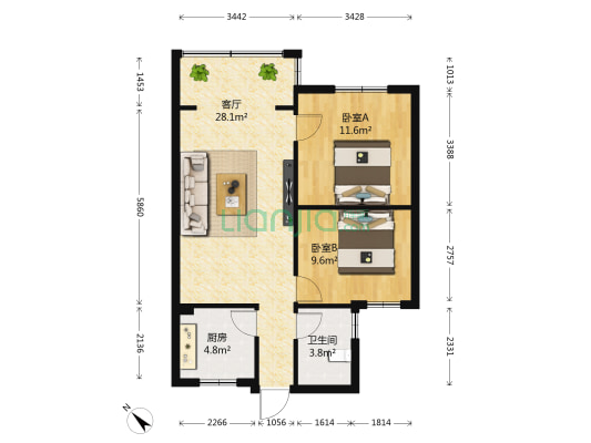 棕南西街7号 2室1厅1卫 70平方