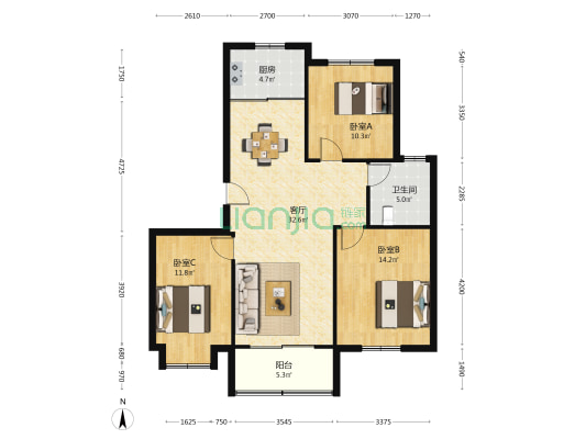 胡同新村 3室1厅1卫 120平方