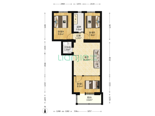 青年南路7号楼 3室1厅1卫 66平方