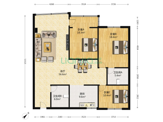 风华大厦 3室1厅2卫 154平方